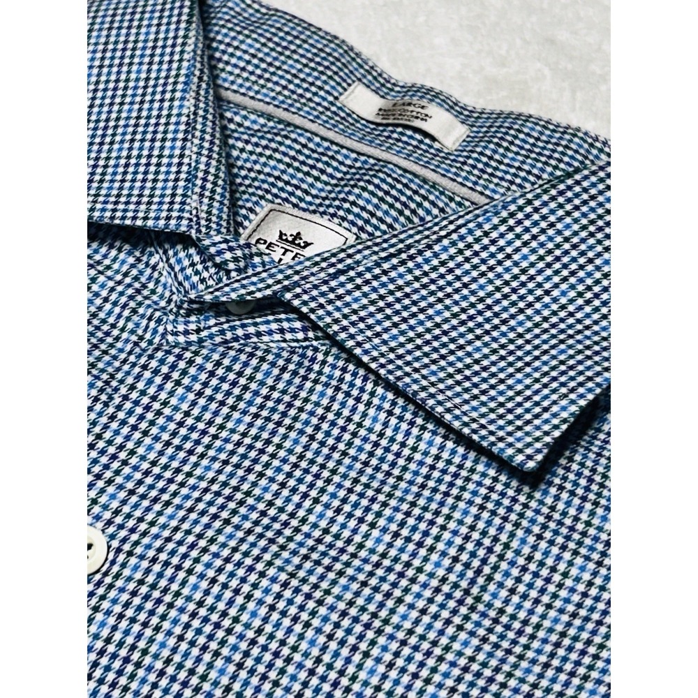 Peter Millar Crown Crafted Blue Check Button Down Dress Stretch Shirt Large Slim